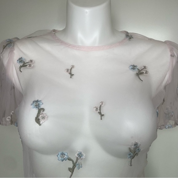 Forever 21 ShirtTops Large LightPink Embroidery Floral Sheer Croptop Puff Sleeve - Picture 2 of 12